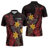 Wales Cymru Am Byth Zipper Polo Shirt Welsh Dragon with Celtic Cross - Wonder Print Shop
