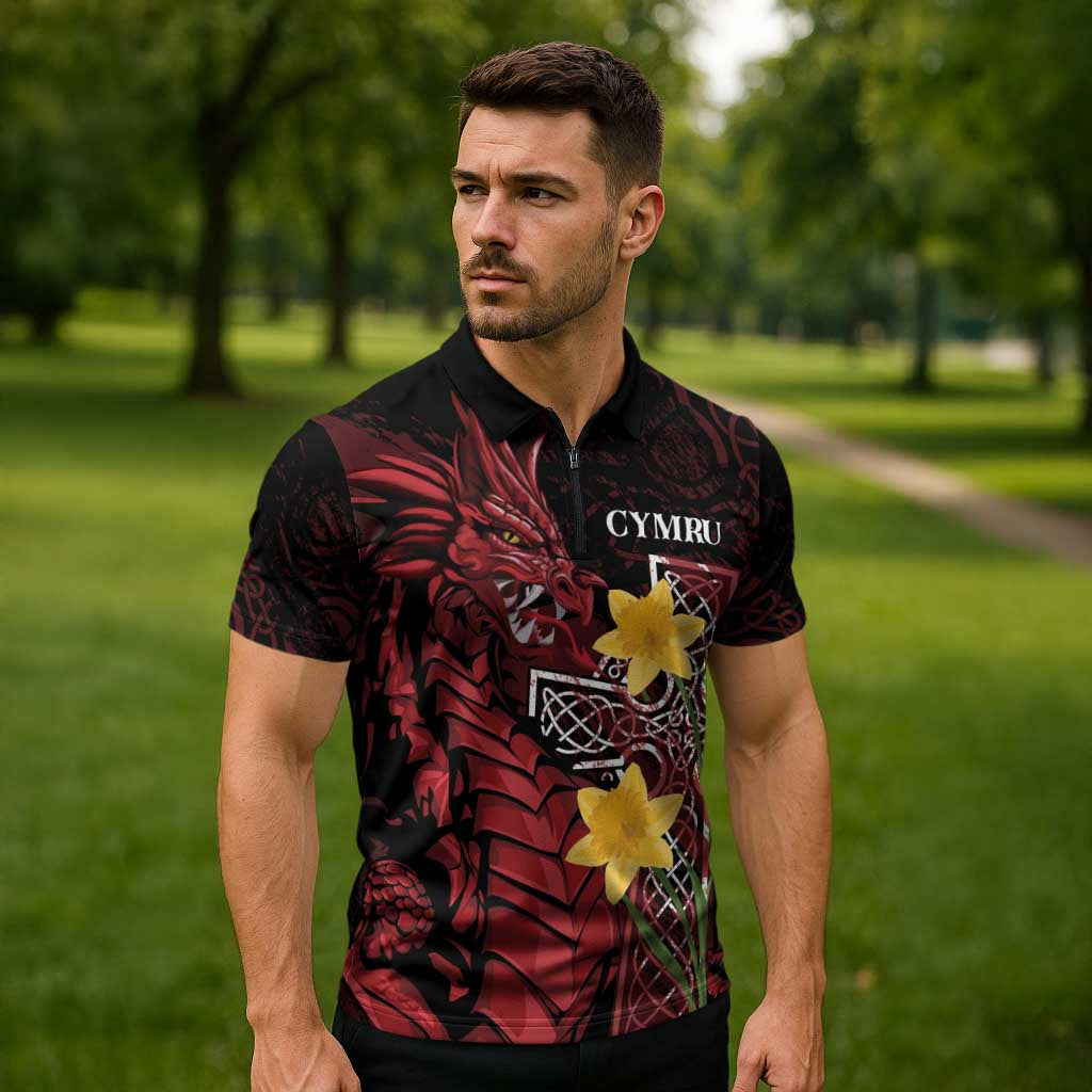Wales Cymru Am Byth Zipper Polo Shirt Welsh Dragon with Celtic Cross - Wonder Print Shop