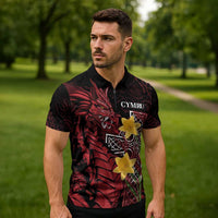 Wales Cymru Am Byth Zipper Polo Shirt Welsh Dragon with Celtic Cross - Wonder Print Shop