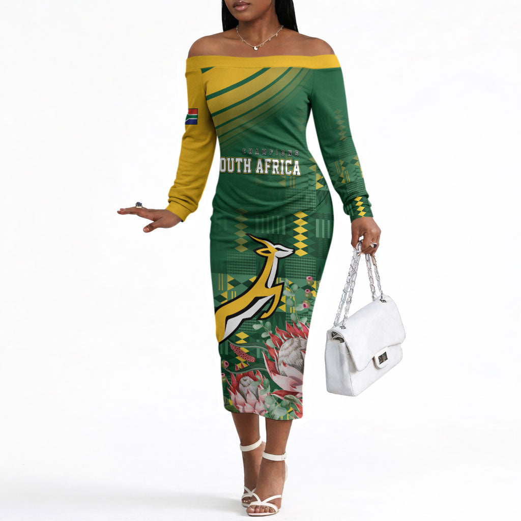 South Africa Rugby Personalized Bokke Champions Off The Shoulder Long Sleeve Dress