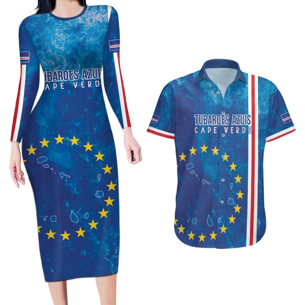 Cape Verde Tubaroes Azuis Custom Couples Matching Long Sleeve Bodycon Dress and Hawaiian Shirt Break The Waves - Wonder Print Shop