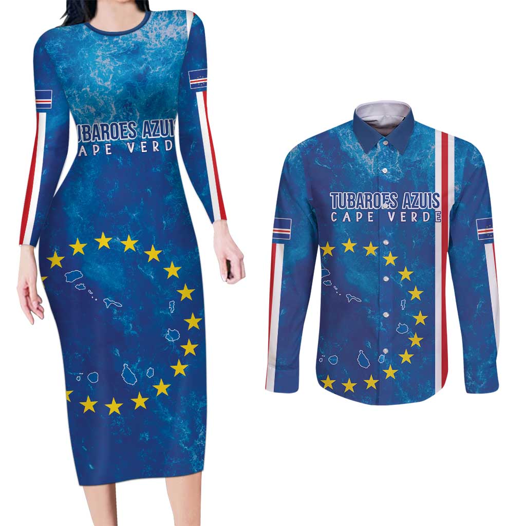 Cape Verde Tubaroes Azuis Custom Couples Matching Long Sleeve Bodycon Dress and Long Sleeve Button Shirt Break The Waves - Wonder Print Shop