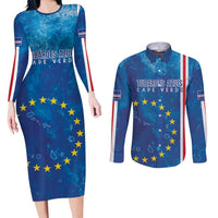 Cape Verde Tubaroes Azuis Custom Couples Matching Long Sleeve Bodycon Dress and Long Sleeve Button Shirt Break The Waves - Wonder Print Shop