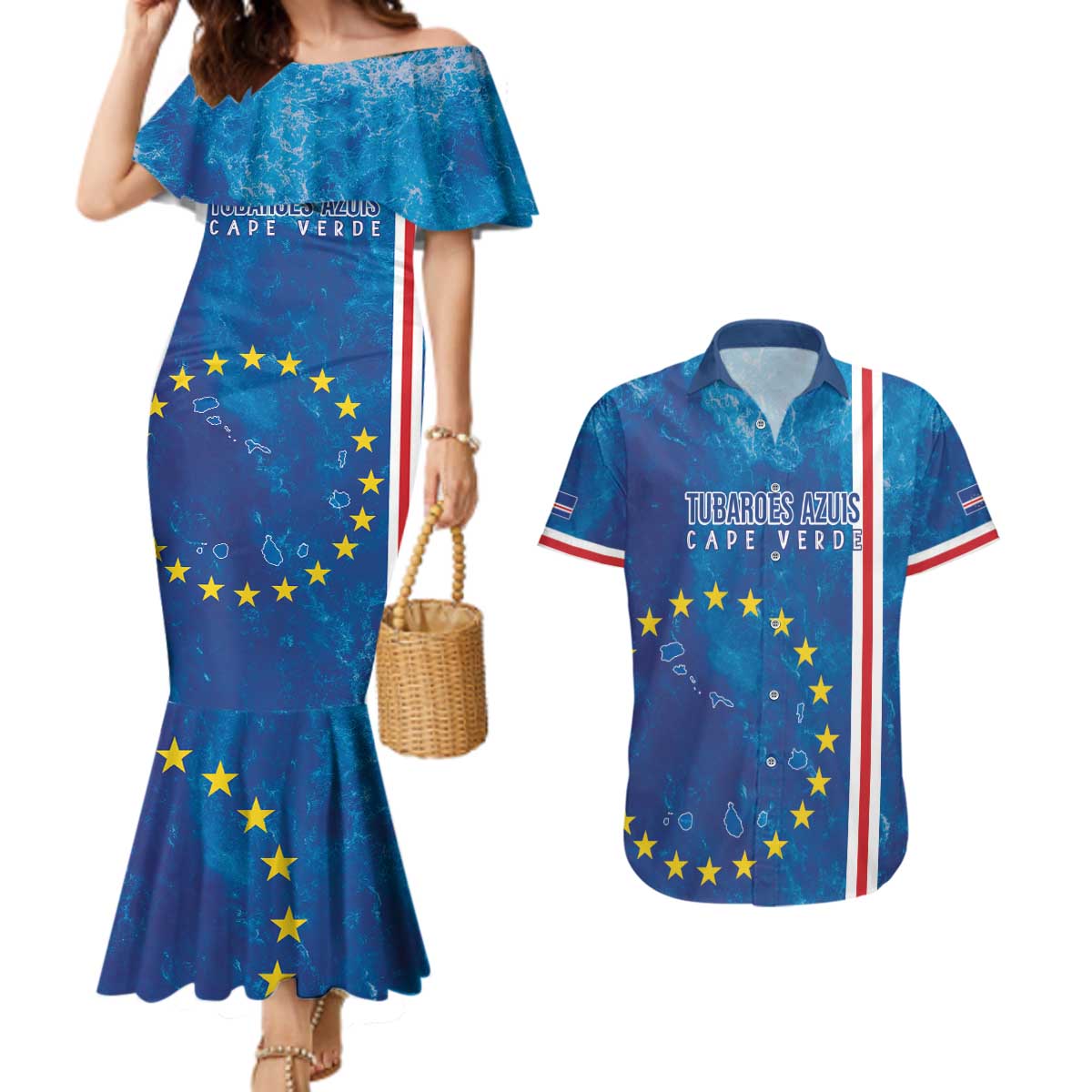 Cape Verde Tubaroes Azuis Custom Couples Matching Mermaid Dress and Hawaiian Shirt Break The Waves - Wonder Print Shop