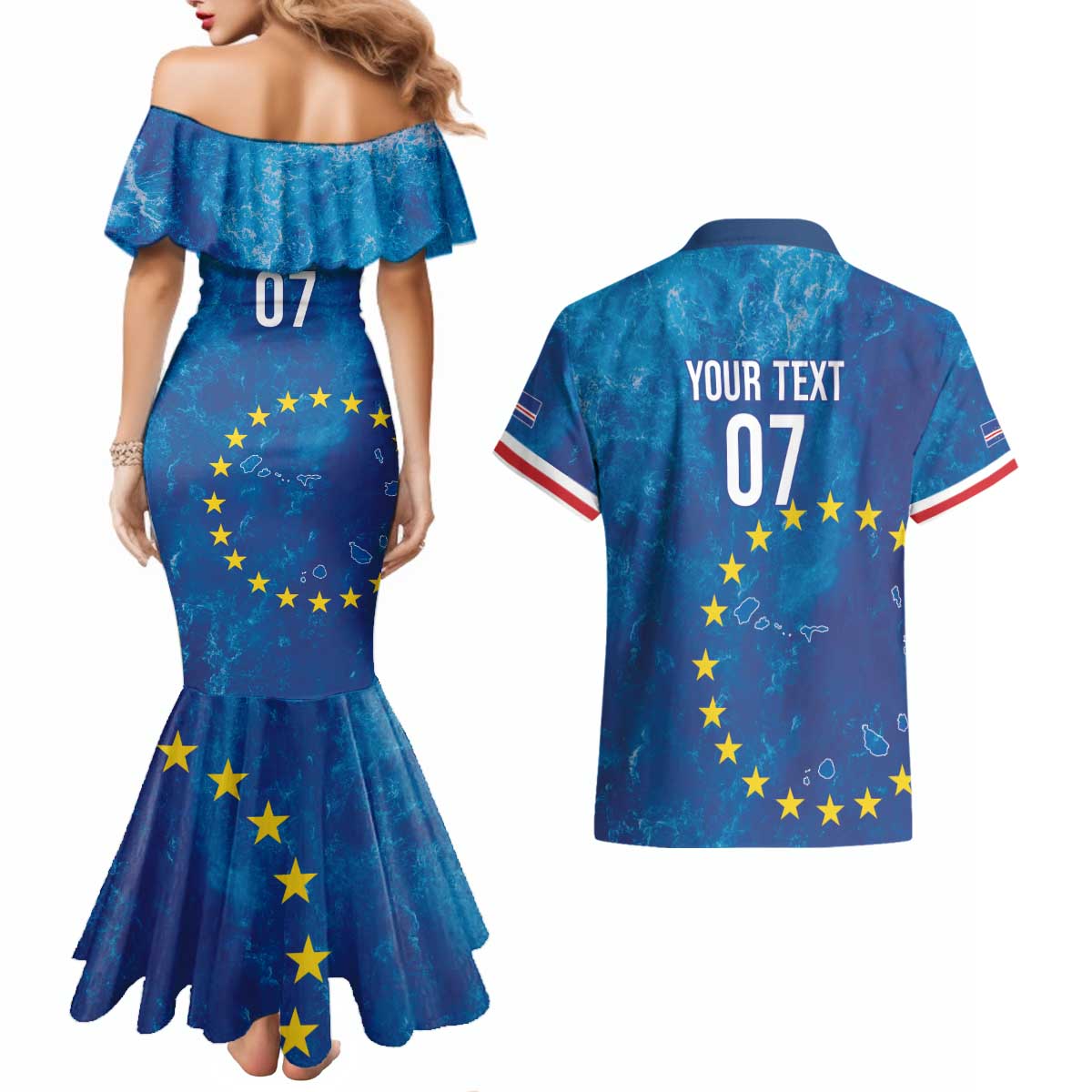 Cape Verde Tubaroes Azuis Custom Couples Matching Mermaid Dress and Hawaiian Shirt Break The Waves - Wonder Print Shop