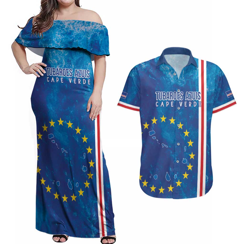 Cape Verde Tubaroes Azuis Custom Couples Matching Off Shoulder Maxi Dress and Hawaiian Shirt Break The Waves - Wonder Print Shop