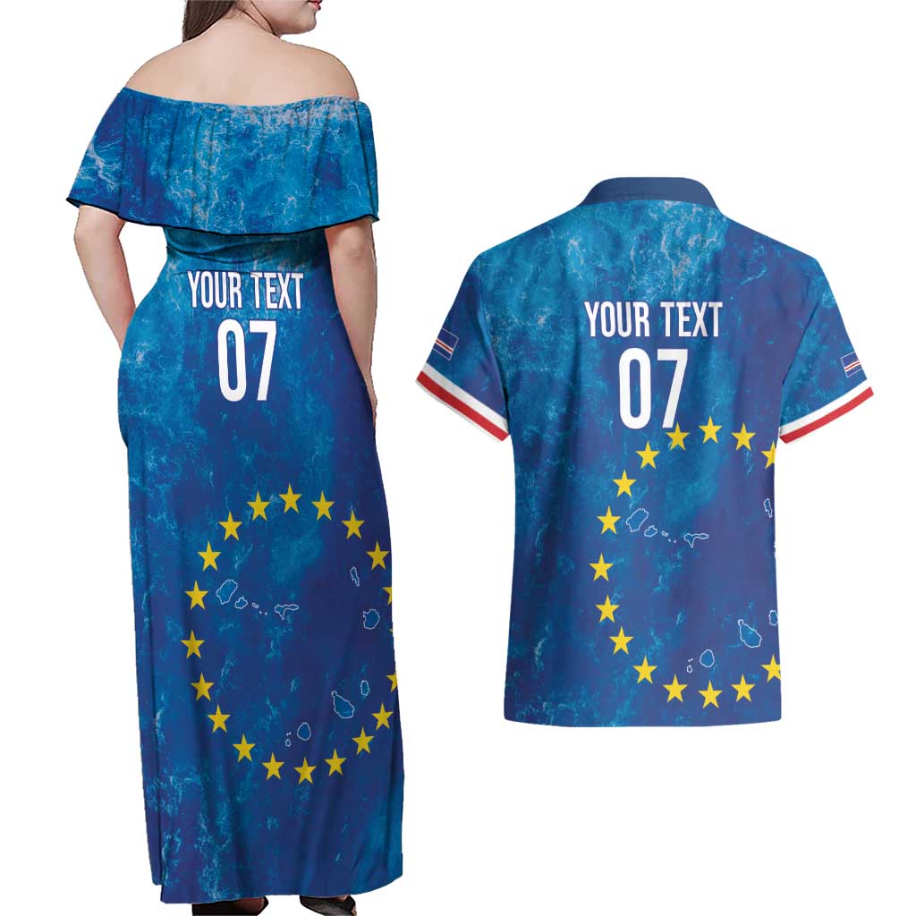 Cape Verde Tubaroes Azuis Custom Couples Matching Off Shoulder Maxi Dress and Hawaiian Shirt Break The Waves - Wonder Print Shop