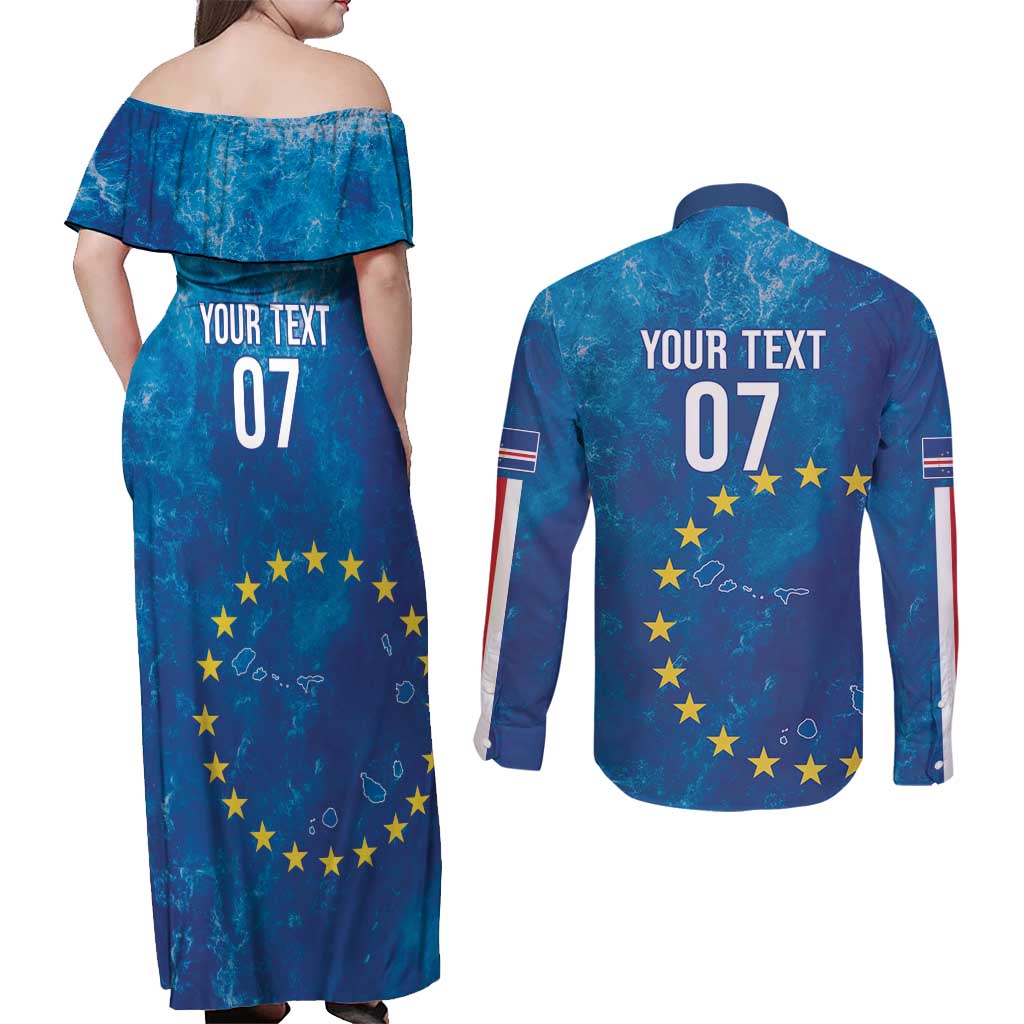Cape Verde Tubaroes Azuis Custom Couples Matching Off Shoulder Maxi Dress and Long Sleeve Button Shirt Break The Waves - Wonder Print Shop