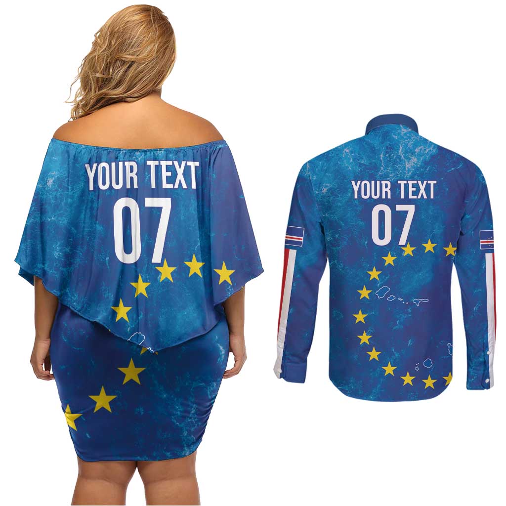 Cape Verde Tubaroes Azuis Custom Couples Matching Off Shoulder Short Dress and Long Sleeve Button Shirt Break The Waves - Wonder Print Shop