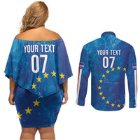 Cape Verde Tubaroes Azuis Custom Couples Matching Off Shoulder Short Dress and Long Sleeve Button Shirt Break The Waves - Wonder Print Shop