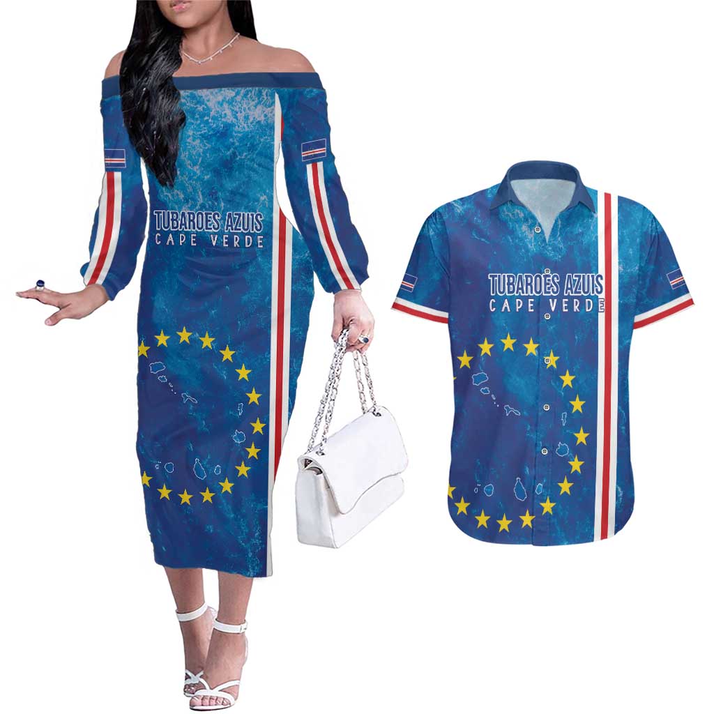 Cape Verde Tubaroes Azuis Custom Couples Matching Off The Shoulder Long Sleeve Dress and Hawaiian Shirt Break The Waves - Wonder Print Shop
