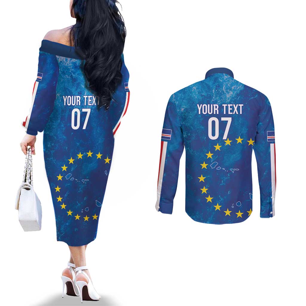 Cape Verde Tubaroes Azuis Custom Couples Matching Off The Shoulder Long Sleeve Dress and Long Sleeve Button Shirt Break The Waves - Wonder Print Shop