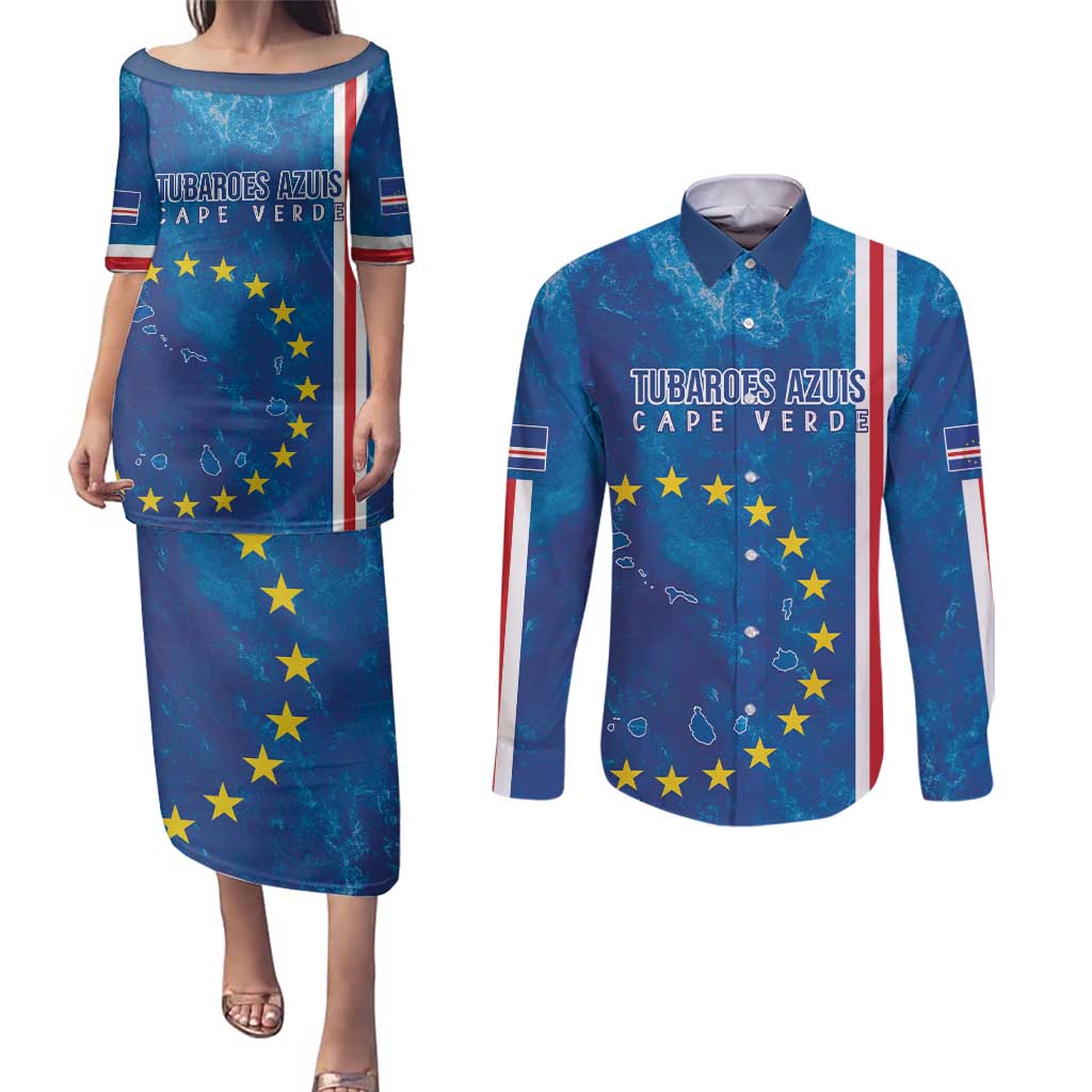 Cape Verde Tubaroes Azuis Custom Couples Matching Puletasi and Long Sleeve Button Shirt Break The Waves - Wonder Print Shop