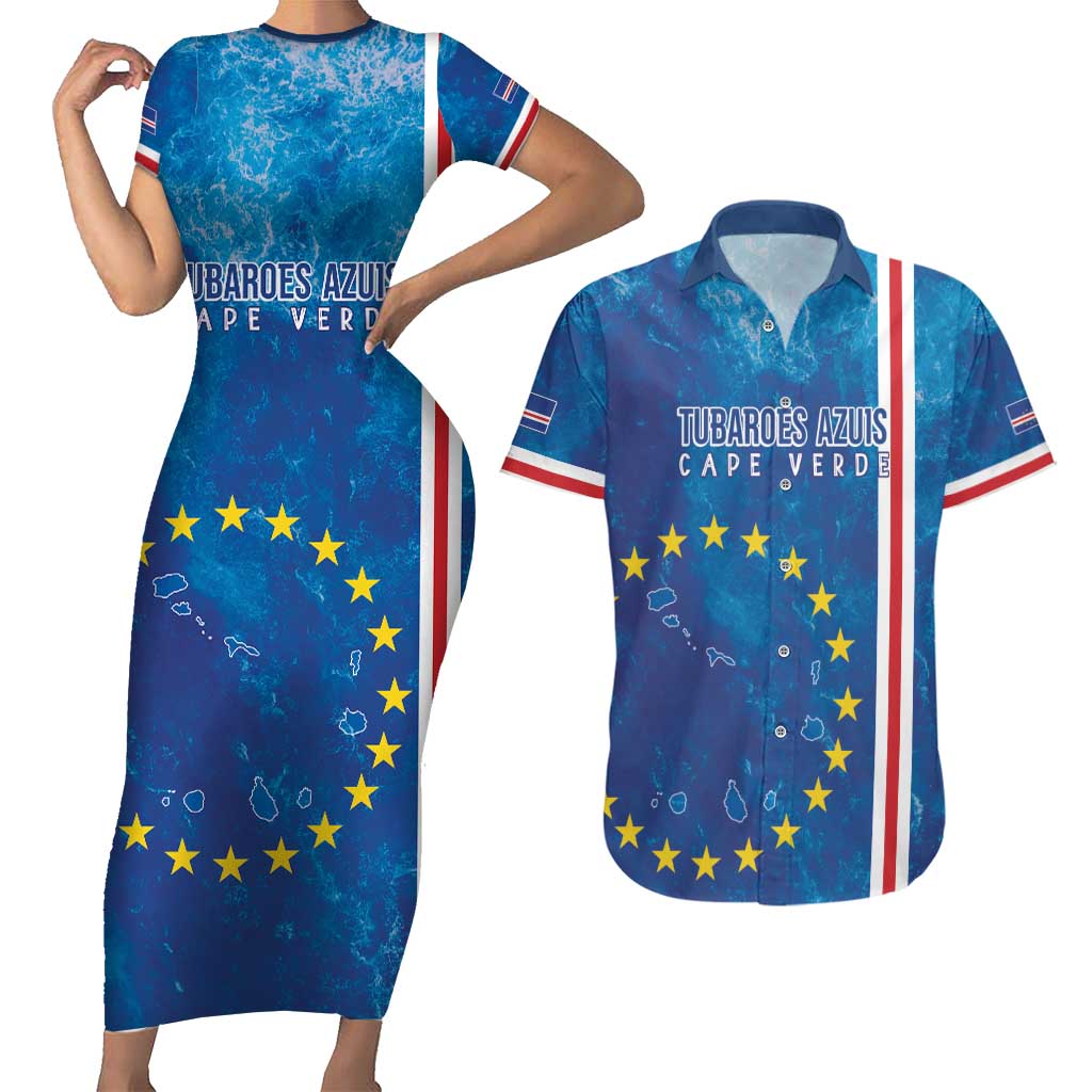 Cape Verde Tubaroes Azuis Custom Couples Matching Short Sleeve Bodycon Dress and Hawaiian Shirt Break The Waves - Wonder Print Shop