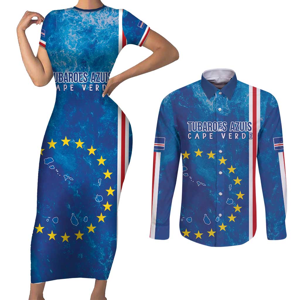 Cape Verde Tubaroes Azuis Custom Couples Matching Short Sleeve Bodycon Dress and Long Sleeve Button Shirt Break The Waves - Wonder Print Shop