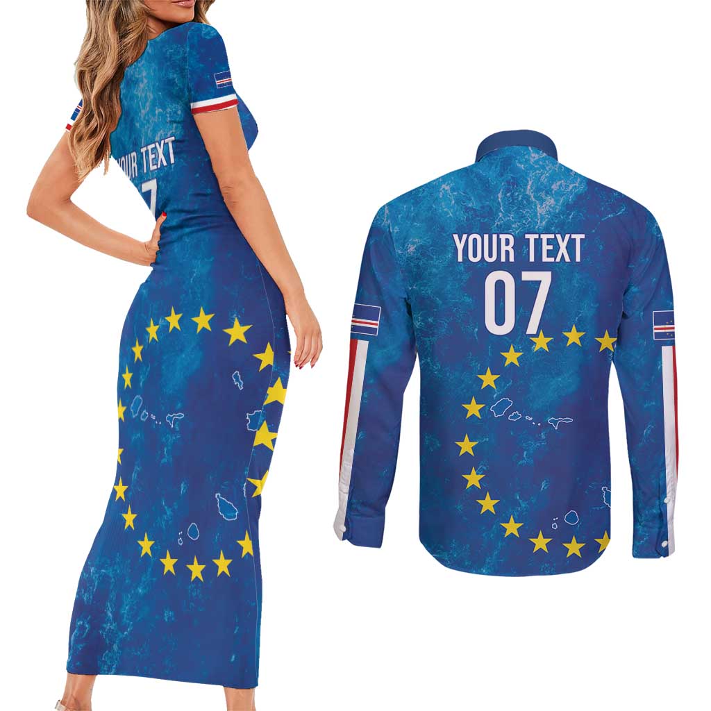 Cape Verde Tubaroes Azuis Custom Couples Matching Short Sleeve Bodycon Dress and Long Sleeve Button Shirt Break The Waves - Wonder Print Shop