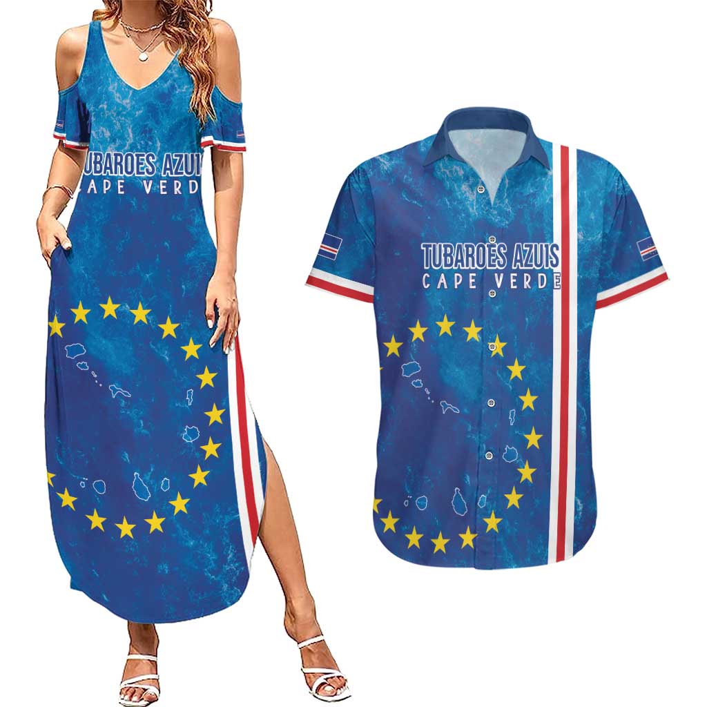Cape Verde Tubaroes Azuis Custom Couples Matching Summer Maxi Dress and Hawaiian Shirt Break The Waves - Wonder Print Shop