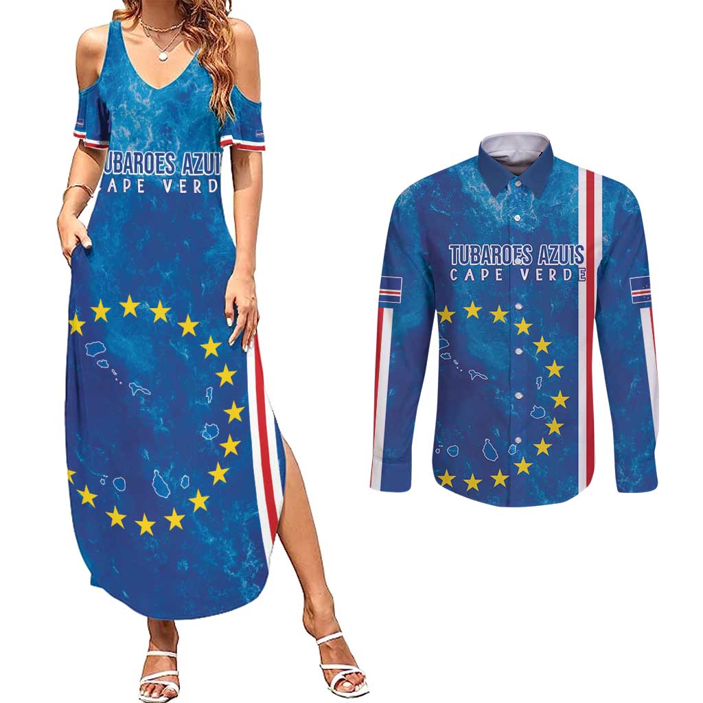 Cape Verde Tubaroes Azuis Custom Couples Matching Summer Maxi Dress and Long Sleeve Button Shirt Break The Waves - Wonder Print Shop