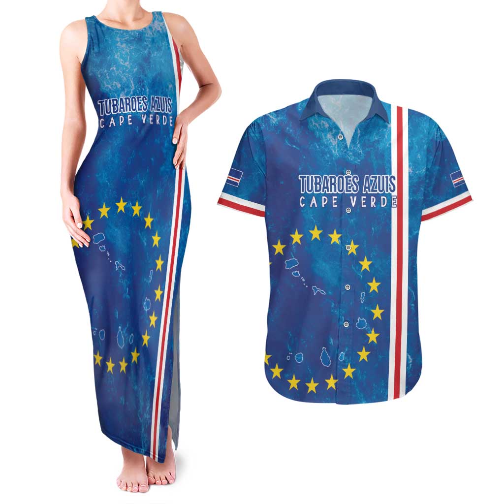 Cape Verde Tubaroes Azuis Custom Couples Matching Tank Maxi Dress and Hawaiian Shirt Break The Waves - Wonder Print Shop