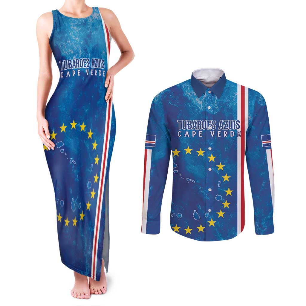Cape Verde Tubaroes Azuis Custom Couples Matching Tank Maxi Dress and Long Sleeve Button Shirt Break The Waves - Wonder Print Shop