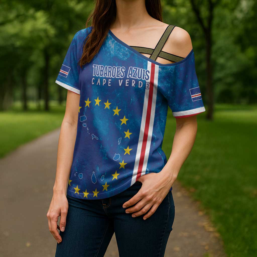 Cape Verde Tubaroes Azuis Custom Cross Shoulder Shirt Break The Waves - Wonder Print Shop