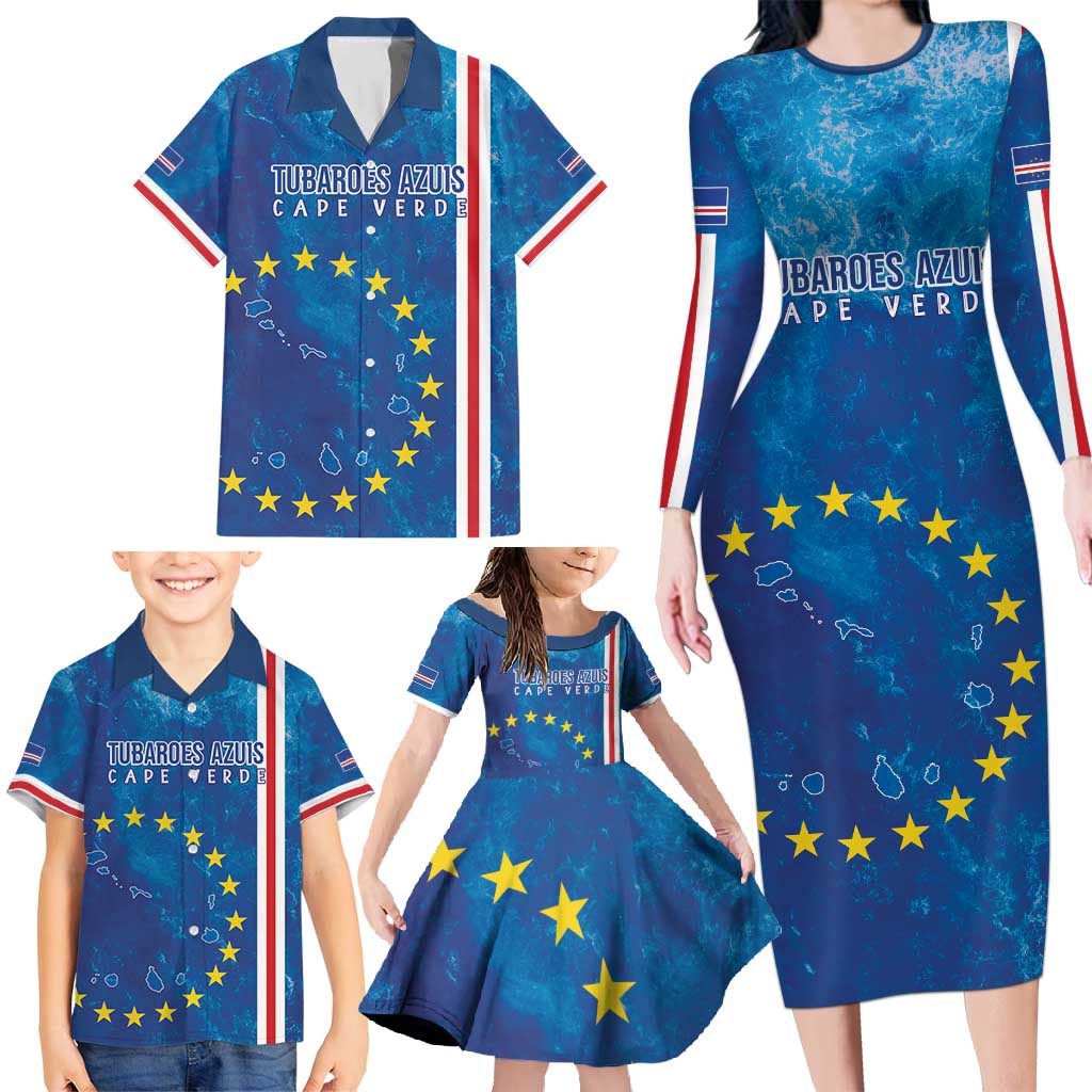 Cape Verde Tubaroes Azuis Custom Family Matching Long Sleeve Bodycon Dress and Hawaiian Shirt Break The Waves - Wonder Print Shop