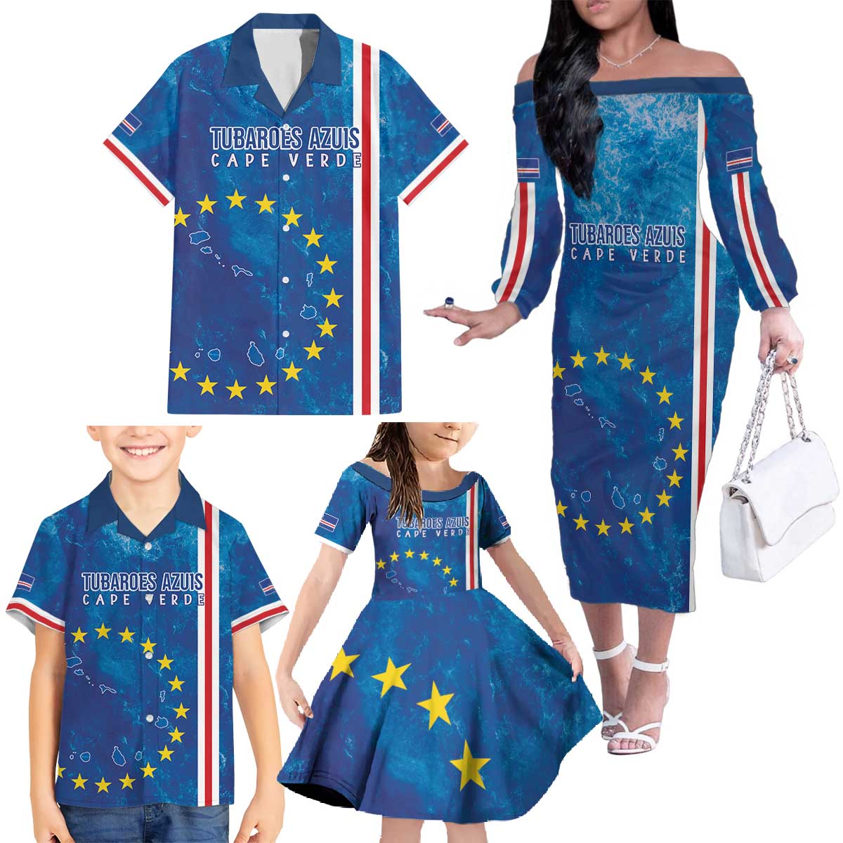 Cape Verde Tubaroes Azuis Custom Family Matching Off The Shoulder Long Sleeve Dress and Hawaiian Shirt Break The Waves - Wonder Print Shop