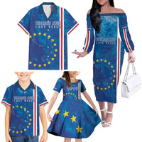 Cape Verde Tubaroes Azuis Custom Family Matching Off The Shoulder Long Sleeve Dress and Hawaiian Shirt Break The Waves - Wonder Print Shop