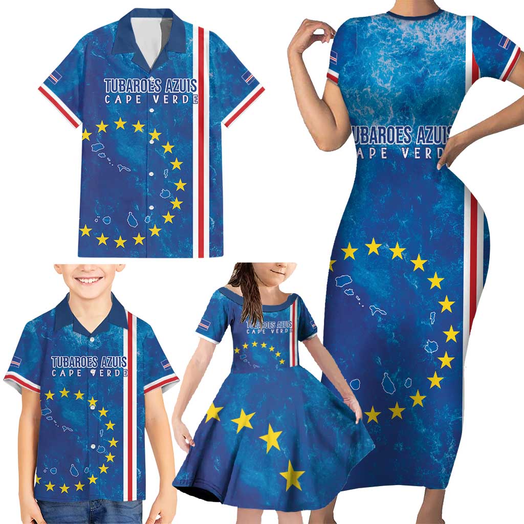 Cape Verde Tubaroes Azuis Custom Family Matching Short Sleeve Bodycon Dress and Hawaiian Shirt Break The Waves - Wonder Print Shop