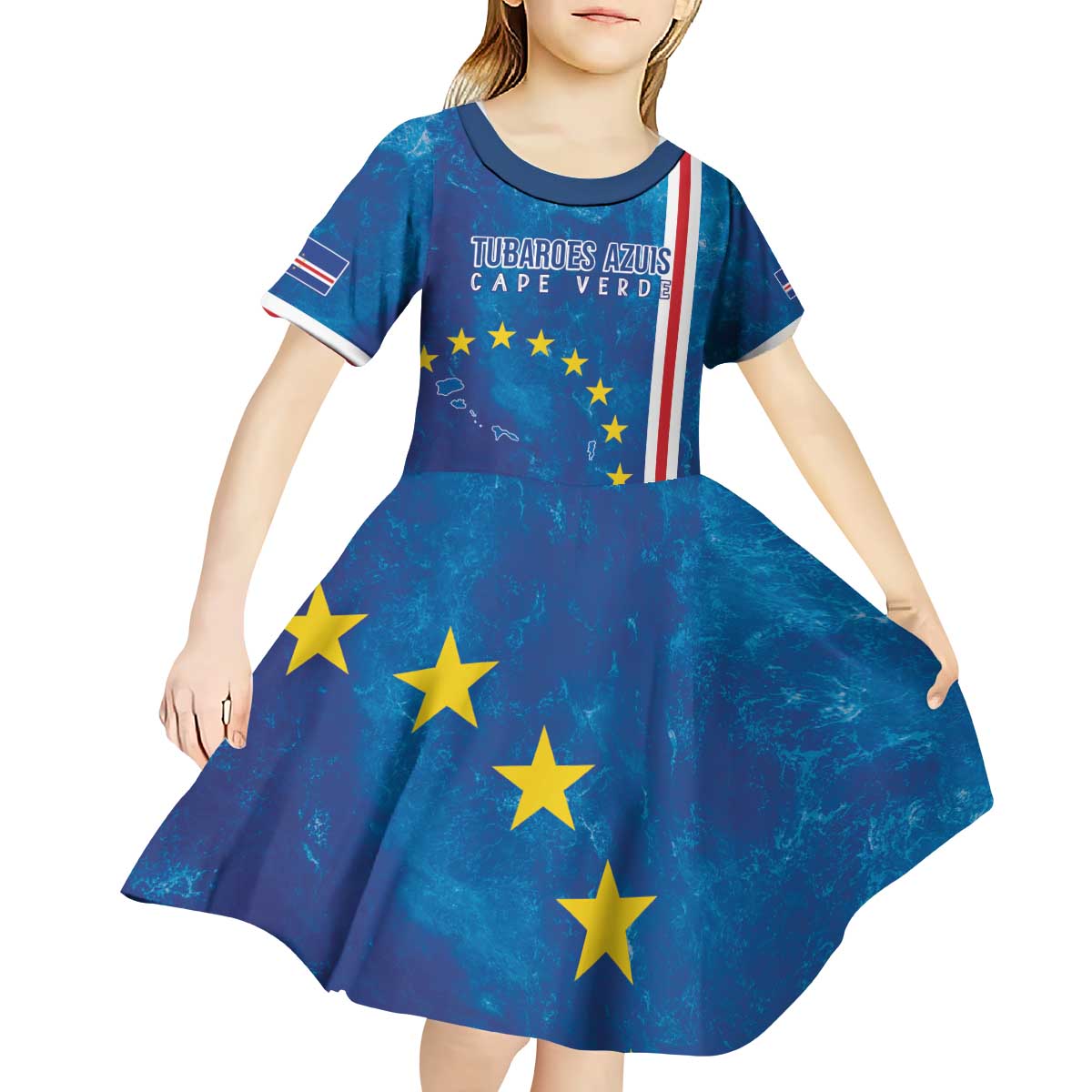 Cape Verde Tubaroes Azuis Custom Kid Short Sleeve Dress Break The Waves - Wonder Print Shop