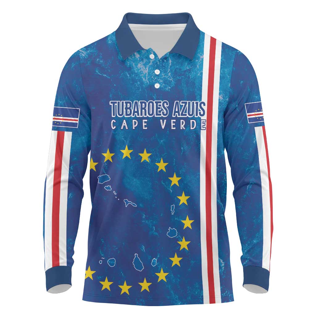 Cape Verde Tubaroes Azuis Custom Long Sleeve Polo Shirt Break The Waves - Wonder Print Shop
