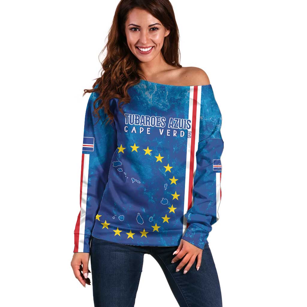 Cape Verde Tubaroes Azuis Custom Off Shoulder Sweater Break The Waves - Wonder Print Shop