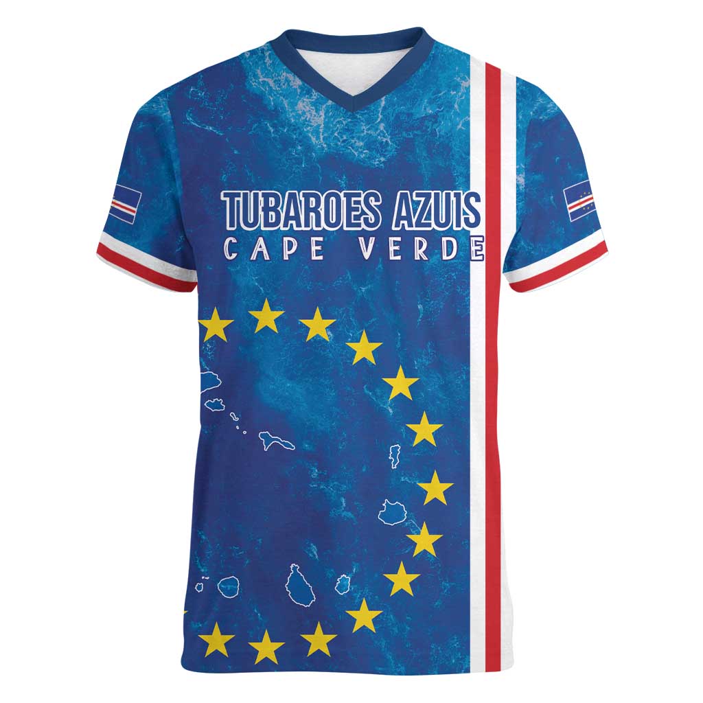 Cape Verde Tubaroes Azuis Custom Women V-Neck T-Shirt Break The Waves - Wonder Print Shop