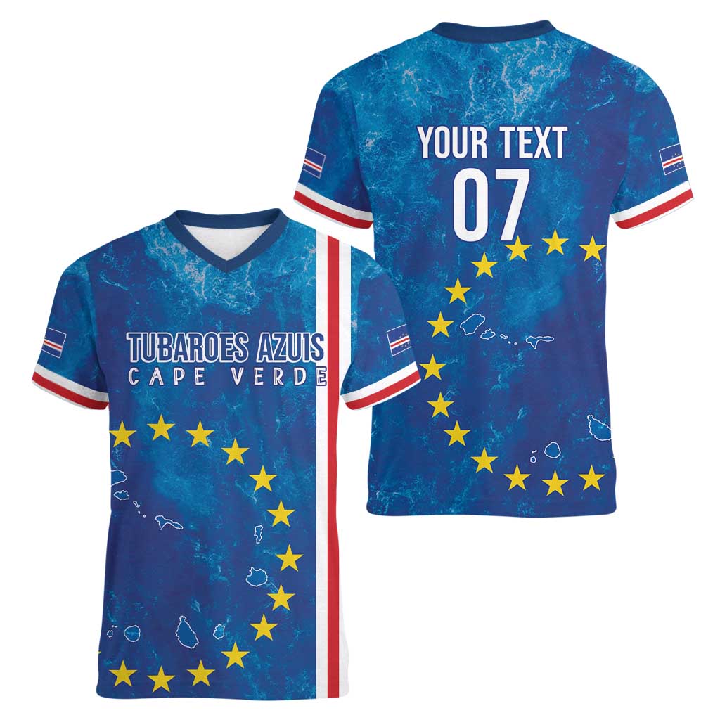 Cape Verde Tubaroes Azuis Custom Women V-Neck T-Shirt Break The Waves - Wonder Print Shop