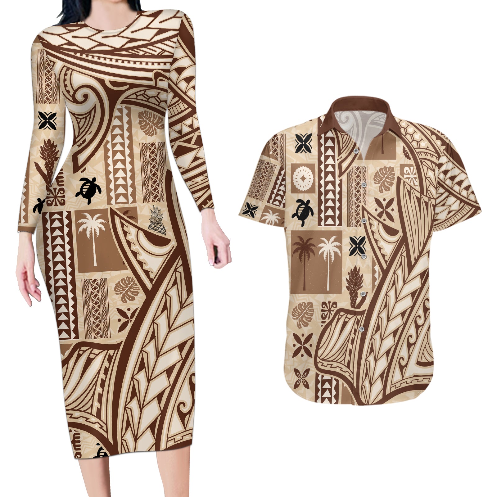 Samoa Tapa Couples Matching Long Sleeve Bodycon Dress and Hawaiian Shirt Siapo Mix Tatau Patterns LT7 - Wonder Print Shop