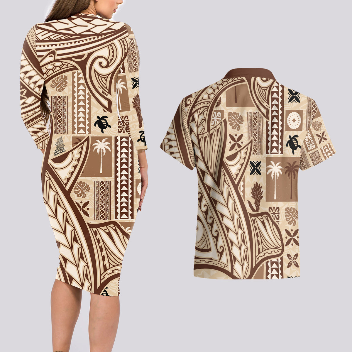 Samoa Tapa Couples Matching Long Sleeve Bodycon Dress and Hawaiian Shirt Siapo Mix Tatau Patterns LT7 - Wonder Print Shop