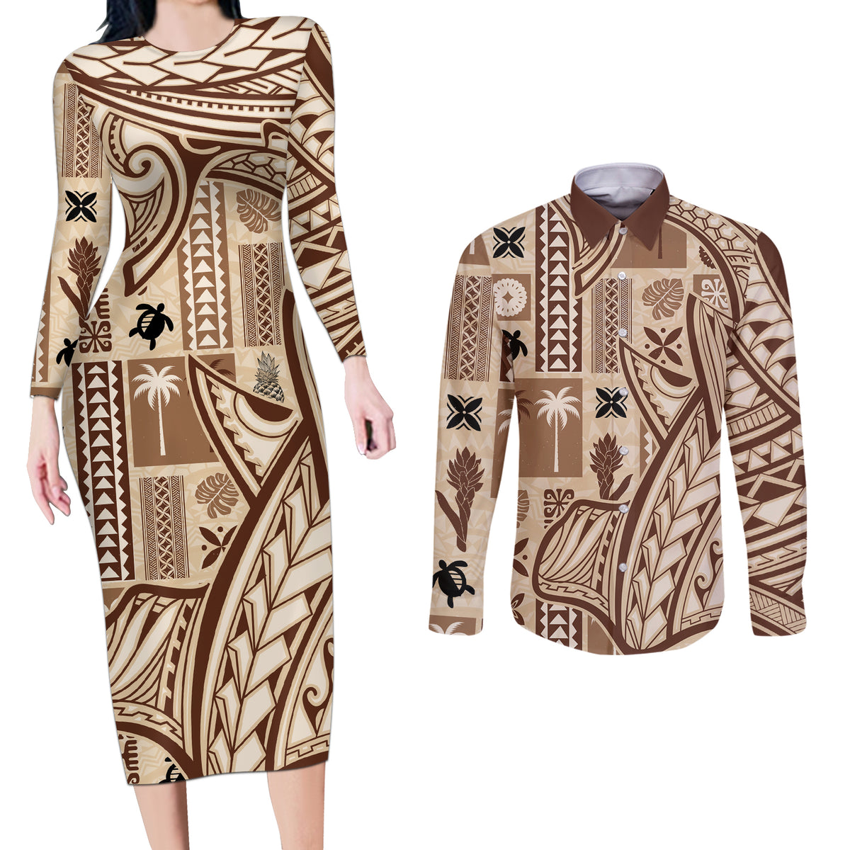 Samoa Tapa Couples Matching Long Sleeve Bodycon Dress and Long Sleeve Button Shirt Siapo Mix Tatau Patterns LT7 - Wonder Print Shop