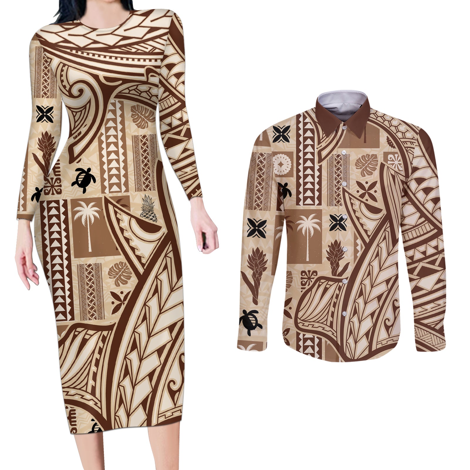 Samoa Tapa Couples Matching Long Sleeve Bodycon Dress and Long Sleeve Button Shirt Siapo Mix Tatau Patterns LT7 - Wonder Print Shop