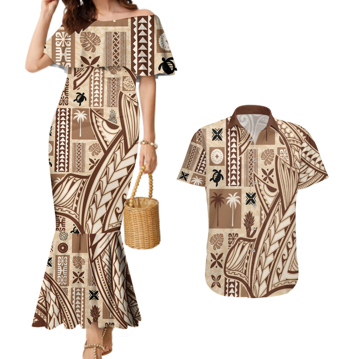 Samoa Tapa Couples Matching Mermaid Dress and Hawaiian Shirt Siapo Mix Tatau Patterns LT7 - Wonder Print Shop