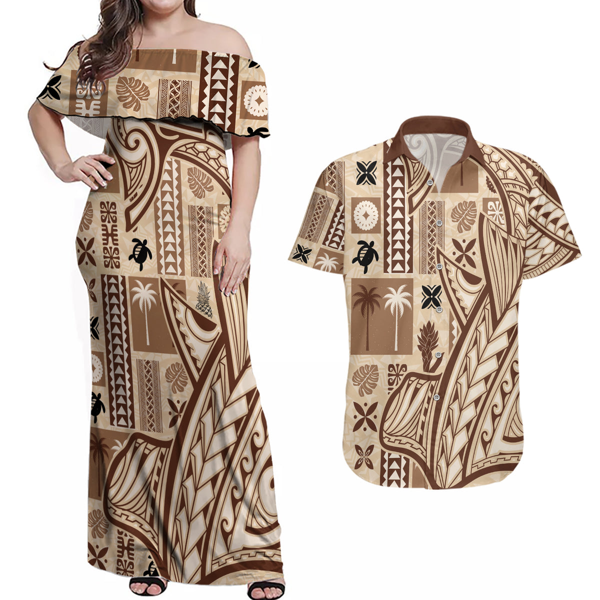 Samoa Tapa Couples Matching Off Shoulder Maxi Dress and Hawaiian Shirt Siapo Mix Tatau Patterns LT7 - Wonder Print Shop