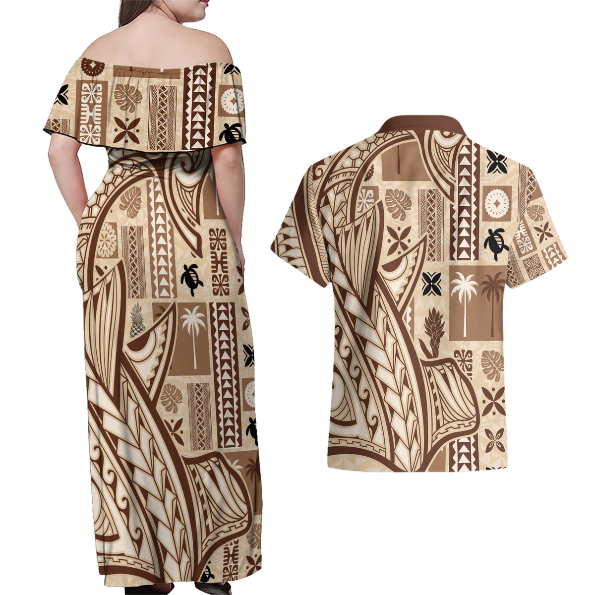 Samoa Tapa Couples Matching Off Shoulder Maxi Dress and Hawaiian Shirt Siapo Mix Tatau Patterns LT7 - Wonder Print Shop