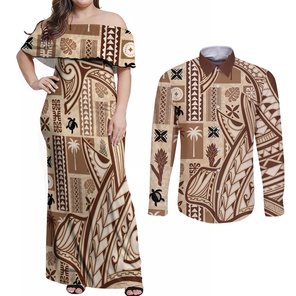 Samoa Tapa Couples Matching Off Shoulder Maxi Dress and Long Sleeve Button Shirt Siapo Mix Tatau Patterns LT7 - Wonder Print Shop