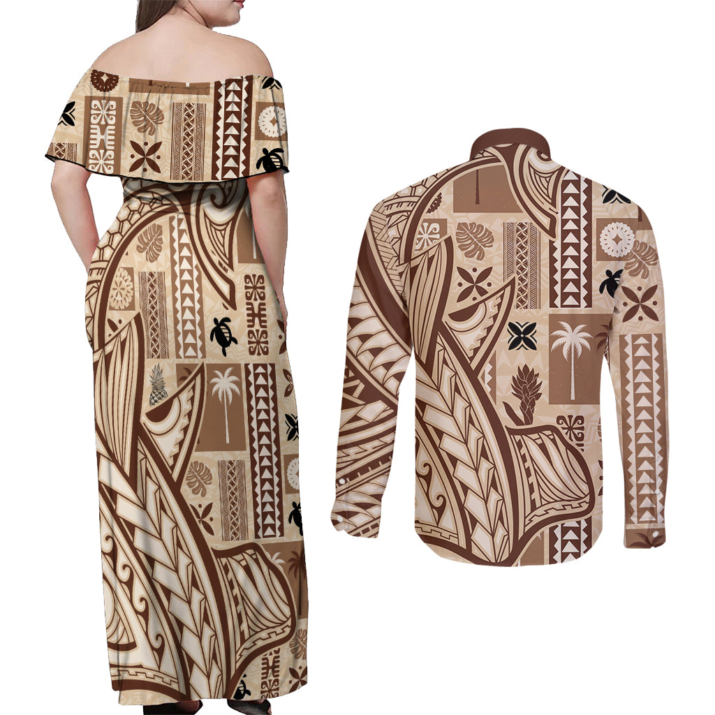 Samoa Tapa Couples Matching Off Shoulder Maxi Dress and Long Sleeve Button Shirt Siapo Mix Tatau Patterns LT7 - Wonder Print Shop