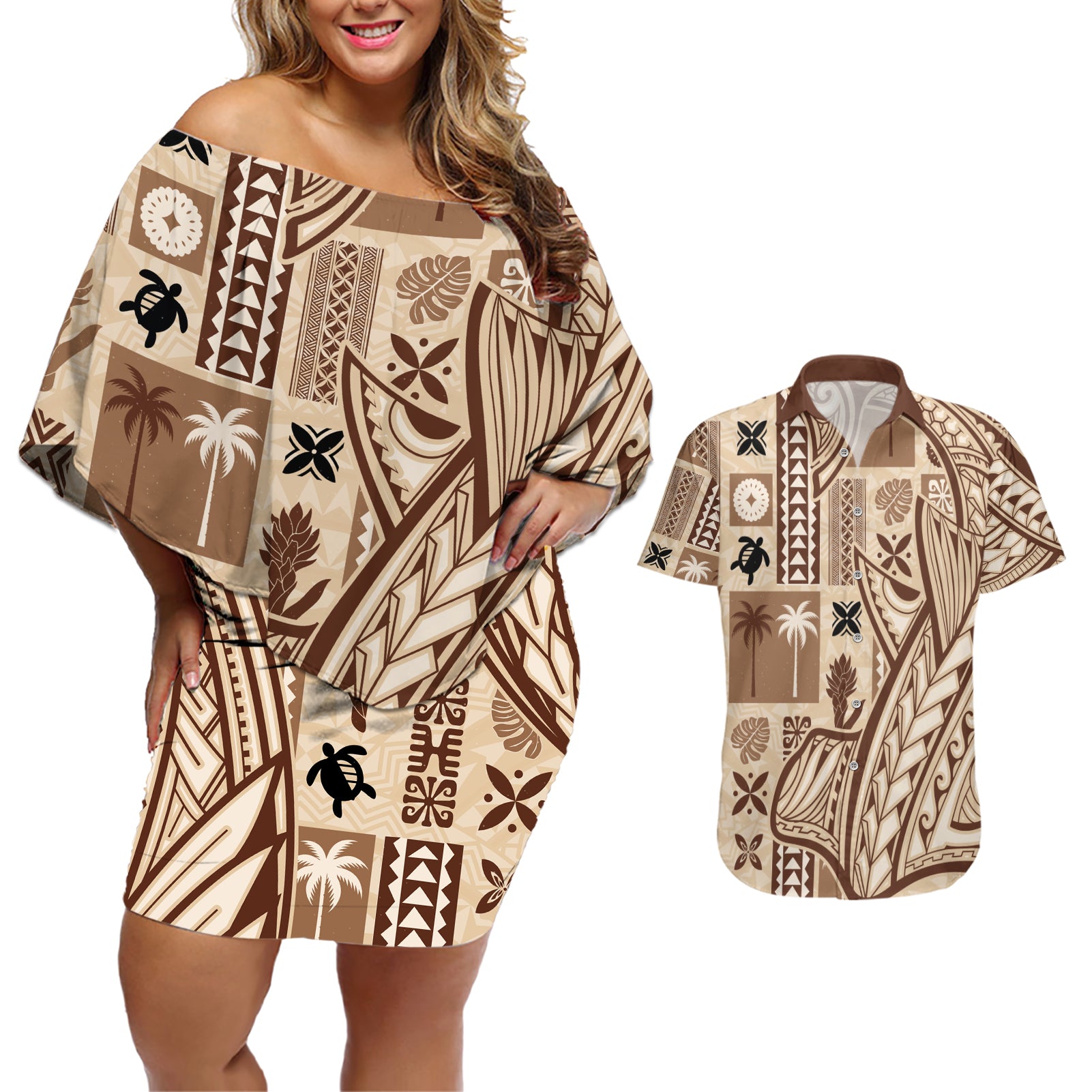 Samoa Tapa Couples Matching Off Shoulder Short Dress and Hawaiian Shirt Siapo Mix Tatau Patterns LT7 - Wonder Print Shop