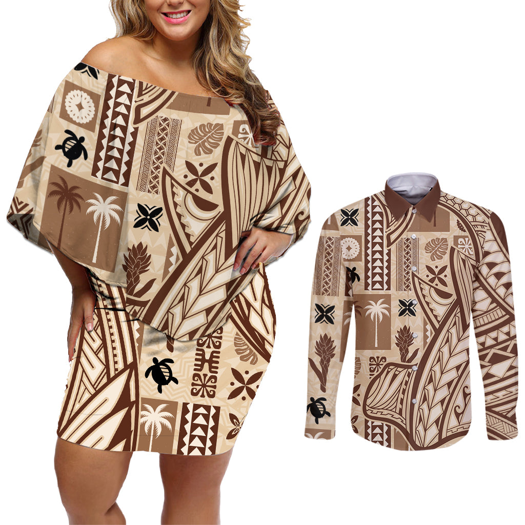 Samoa Tapa Couples Matching Off Shoulder Short Dress and Long Sleeve Button Shirt Siapo Mix Tatau Patterns LT7 - Wonder Print Shop