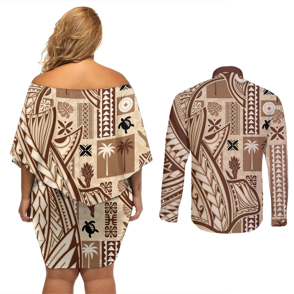 Samoa Tapa Couples Matching Off Shoulder Short Dress and Long Sleeve Button Shirt Siapo Mix Tatau Patterns LT7 - Wonder Print Shop