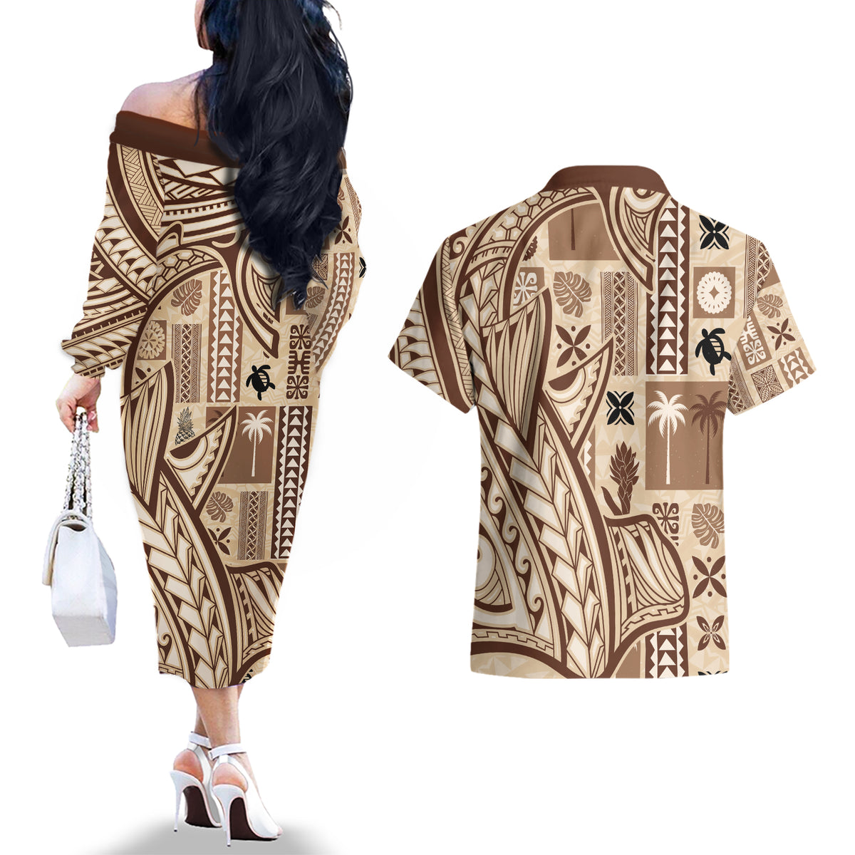Samoa Tapa Couples Matching Off The Shoulder Long Sleeve Dress and Hawaiian Shirt Siapo Mix Tatau Patterns LT7 - Wonder Print Shop