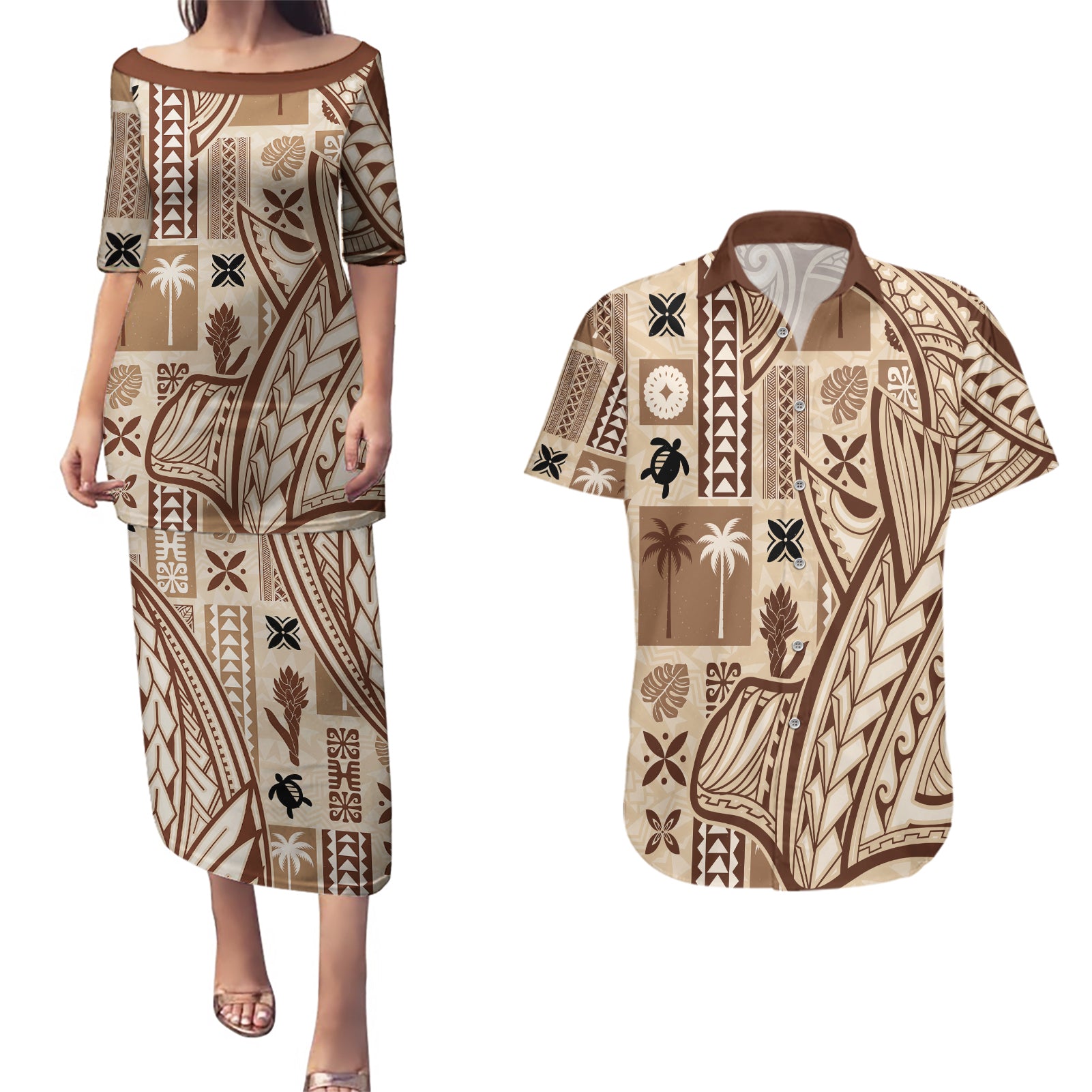 Samoa Tapa Couples Matching Puletasi Dress and Hawaiian Shirt Siapo Mix Tatau Patterns LT7 - Wonder Print Shop