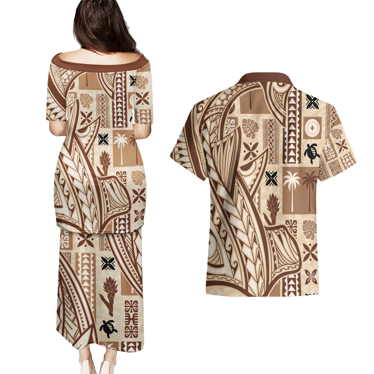 Samoa Tapa Couples Matching Puletasi Dress and Hawaiian Shirt Siapo Mix Tatau Patterns LT7 - Wonder Print Shop