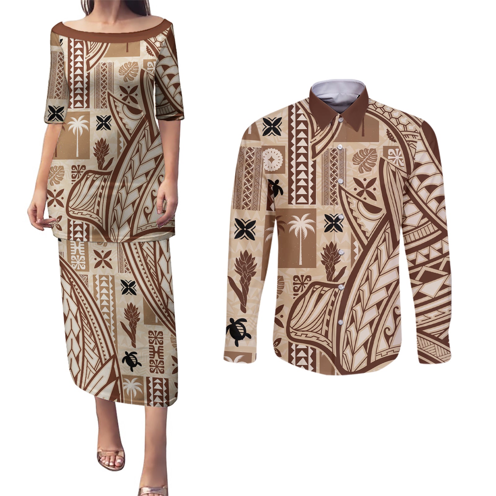 Samoa Tapa Couples Matching Puletasi Dress and Long Sleeve Button Shirt Siapo Mix Tatau Patterns LT7 - Wonder Print Shop